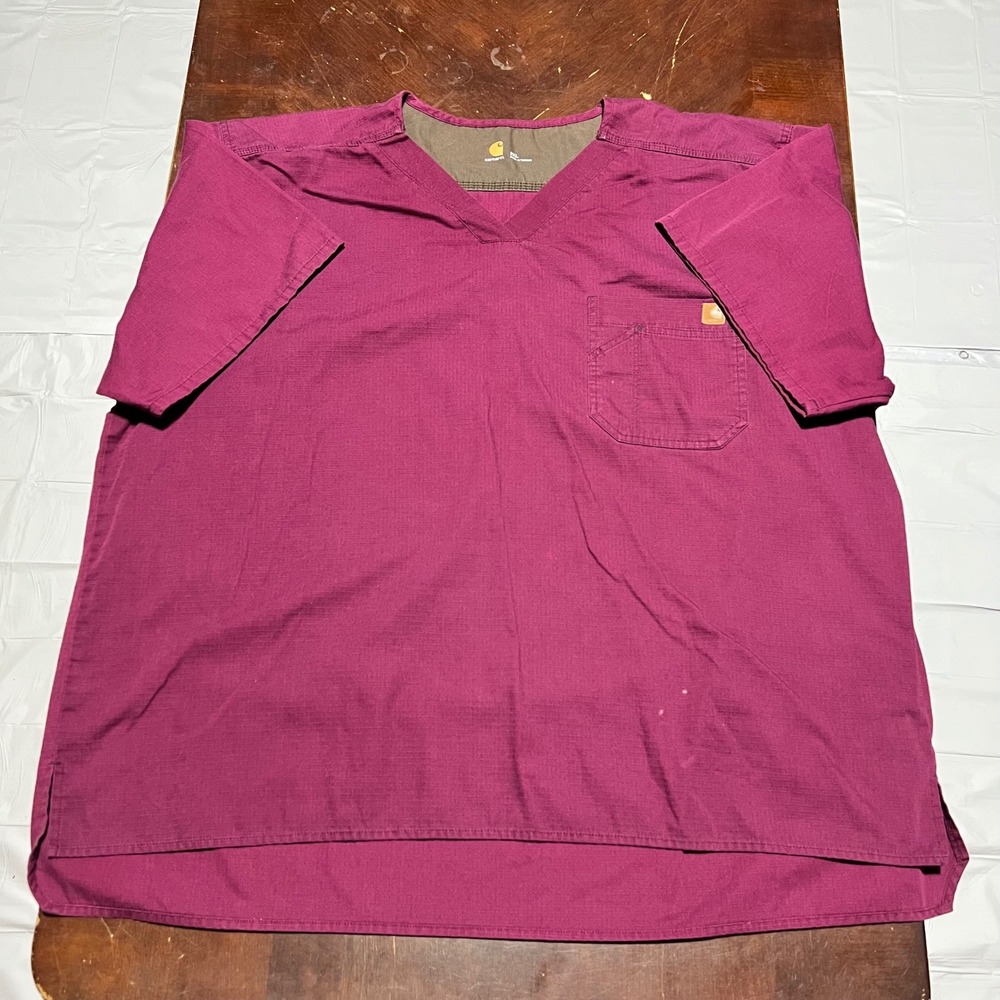 Carhartt Mens 3XL Wine Berry Ripstop V-Neck Scrub Top Short Sleeve Chest Pocket